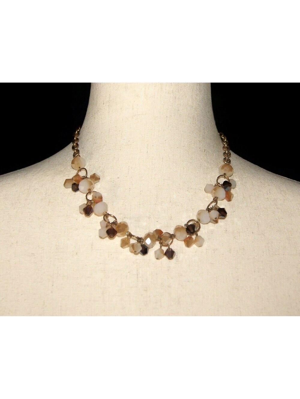 Vintage Gold Tone with Brown, Orange and White Glass Beads 18 Inch Necklace.